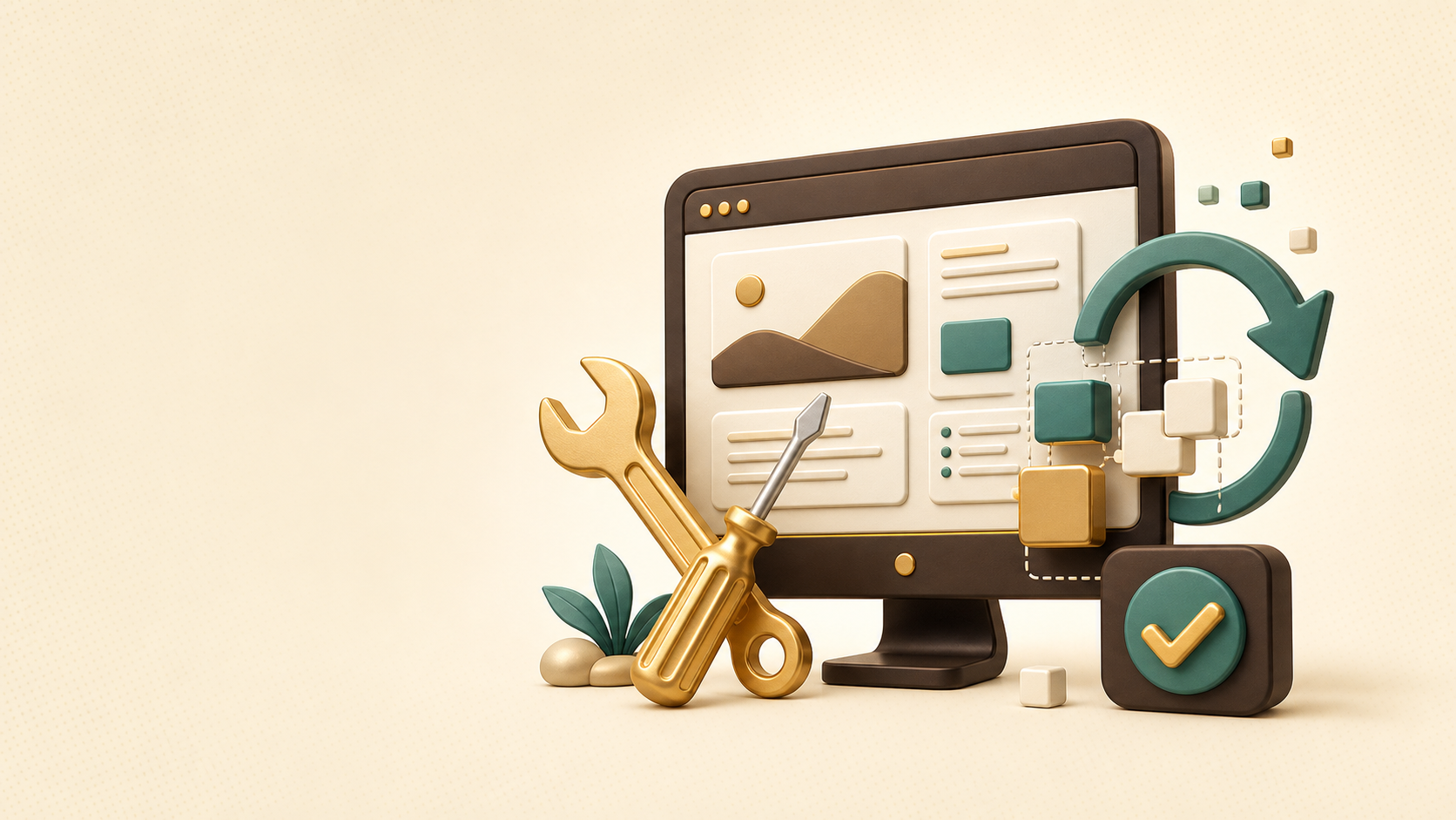 Minh họa sửa lỗi và nâng cấp website với công cụ kỹ thuật và biểu tượng cập nhật
